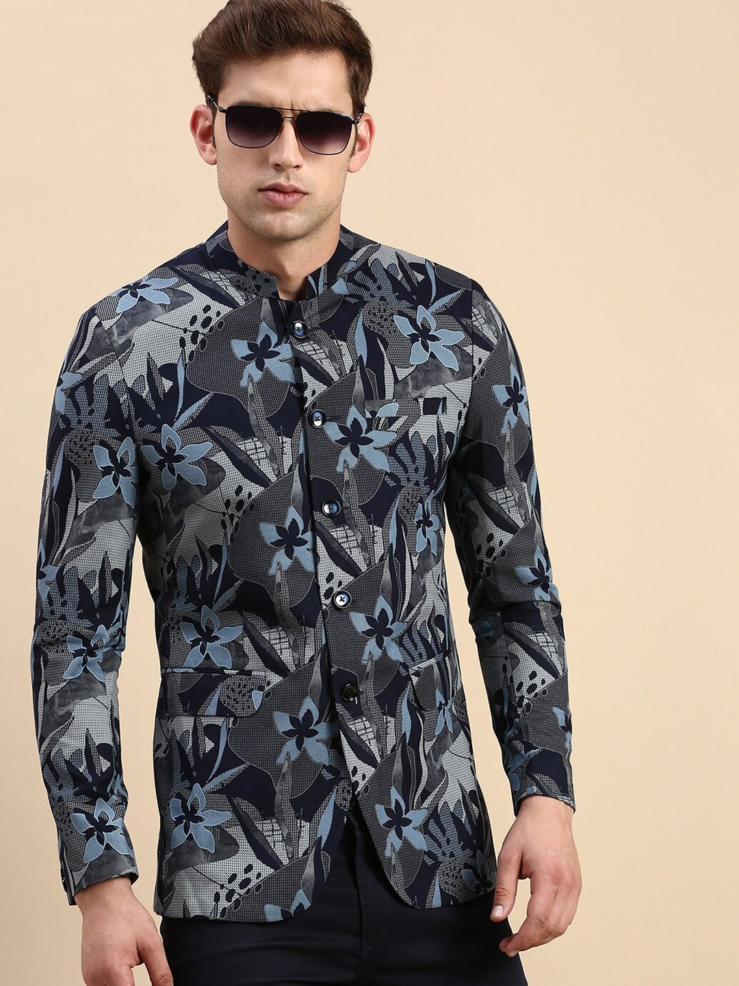

SHOWOFF Printed Slim-Fit Single Breasted Blazer, Navy blue