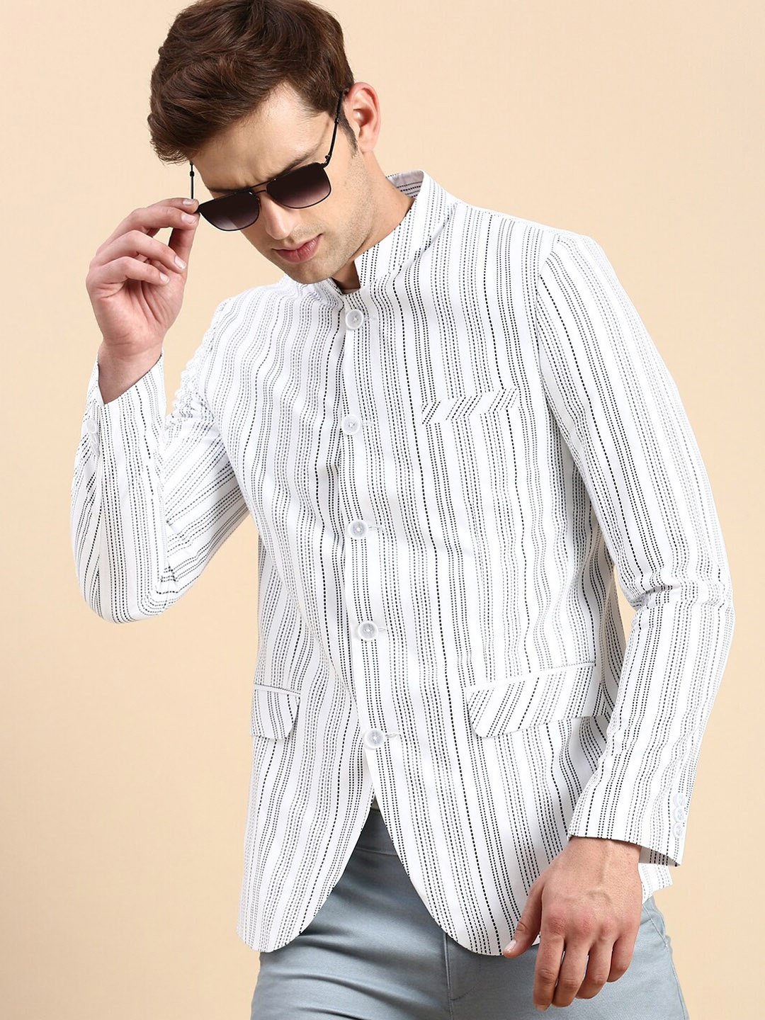 

SHOWOFF Striped Slim Fit Mandarin Collar Bandhgala Blazer, White
