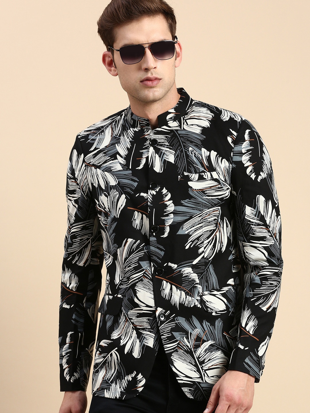 

SHOWOFF Printed Slim Fit Mandarin Collar Bandhgala Blazer, Black