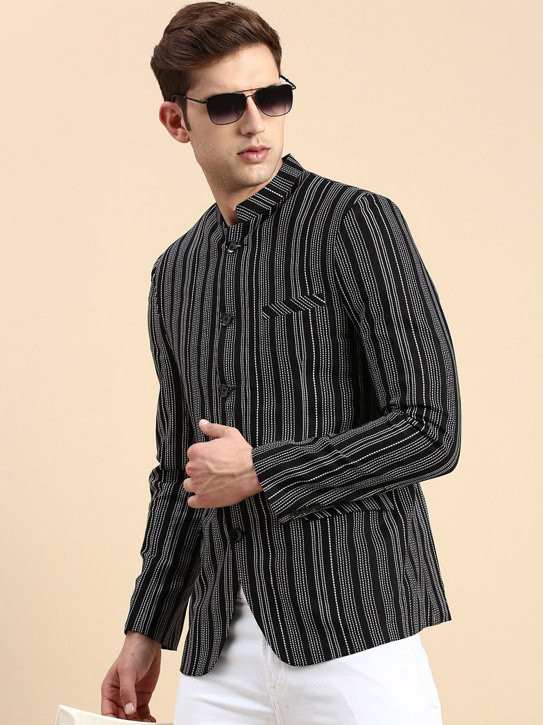 

SHOWOFF Striped Slim Fit Mandarin Collar Bandhgala Blazer, Black