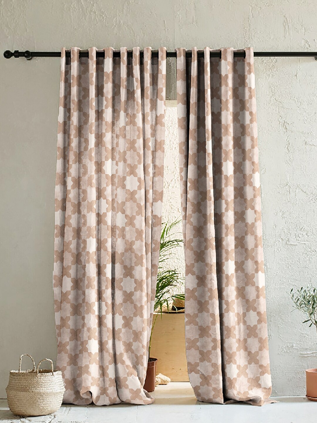 

SPACES 2 Pieces Brown & Beige Geometric Room Darkening Door Curtain