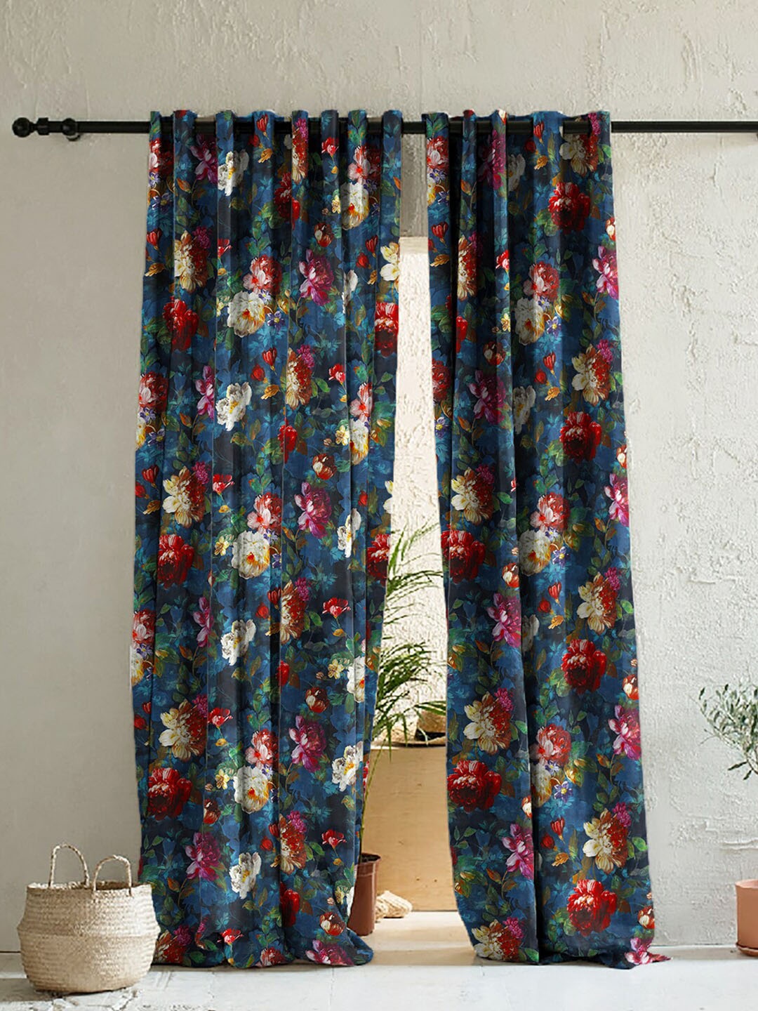 

SPACES 2 Pieces Navy Blue & Red Set of 2 Floral Room Darkening Door Curtain