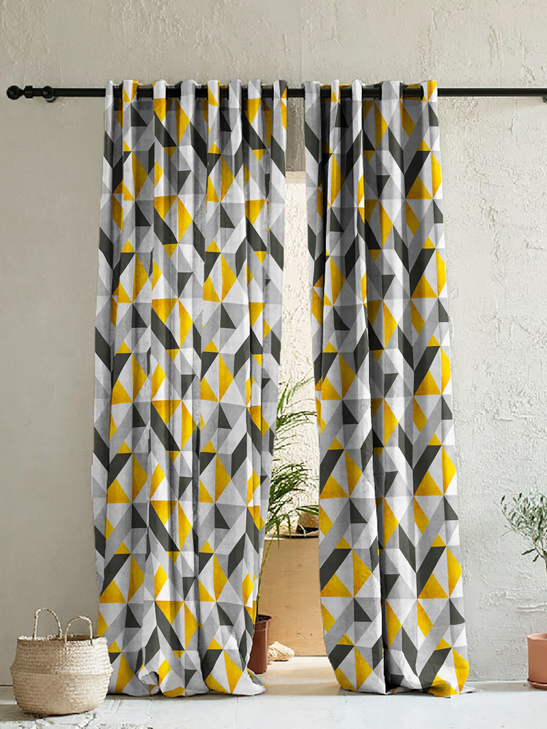 

SPACES Elegant Grey & Yellow 2 Pieces Geometric Room Darkening Window Curtains