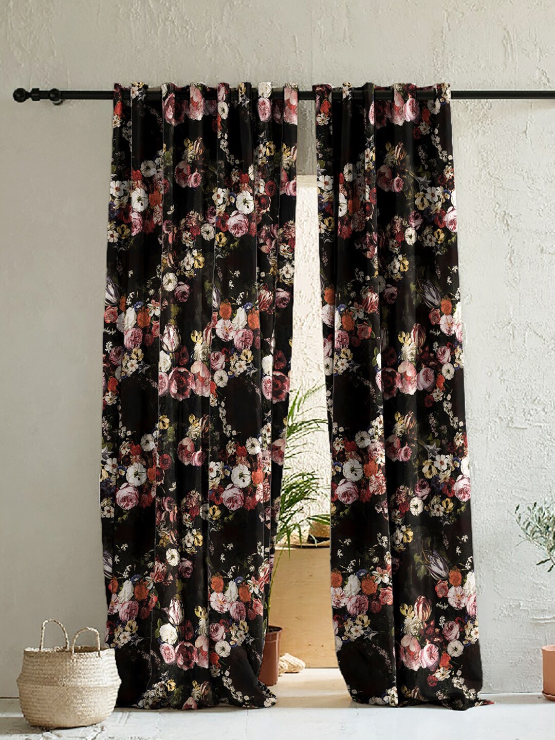 

SPACES 2 Pieces Black & White Set of 2 Floral Room Darkening Door Curtain