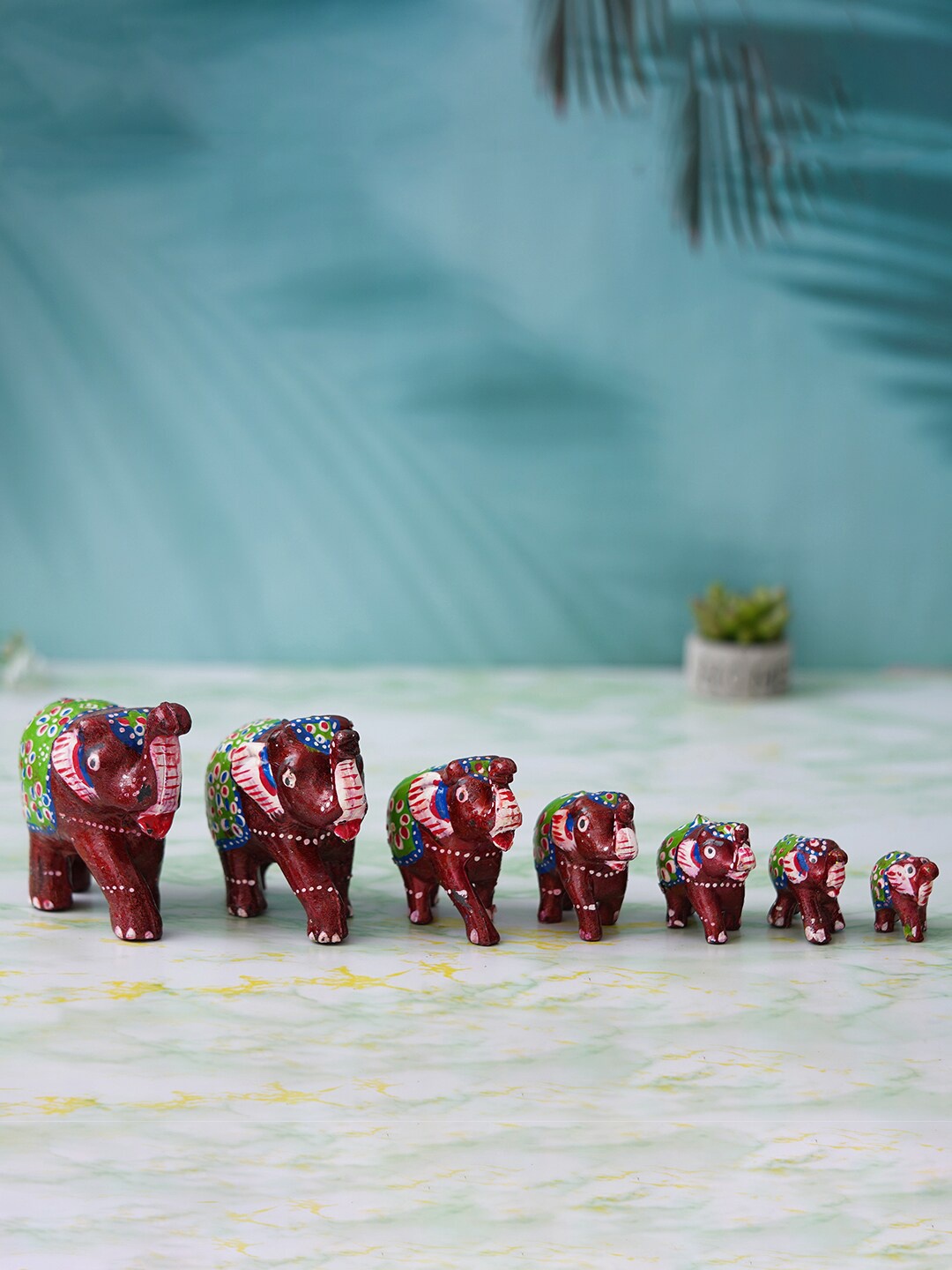 

eCraftIndia 7 Pieces Red & Green Meenakari Elephant Statues Showpieces