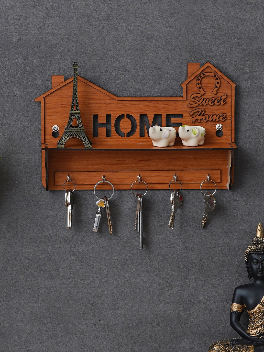 

eCraftIndia Brown Home Carved 5 Hooks Wooden Key Holder With A Shelf