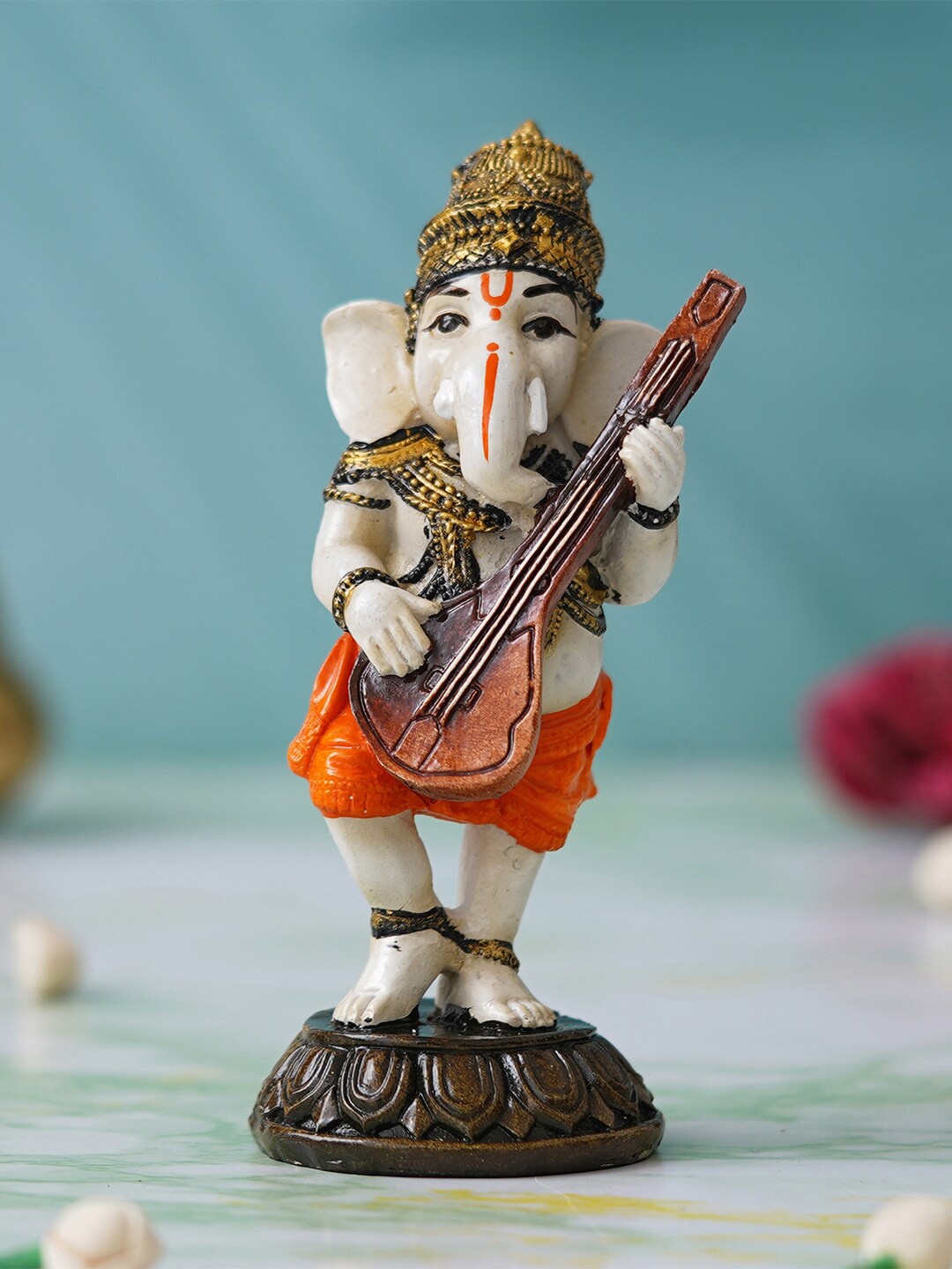 

eCraftIndia White Lord Ganesha Idol Playing Sitar Musical Instrument Statue Showpiece, Orange
