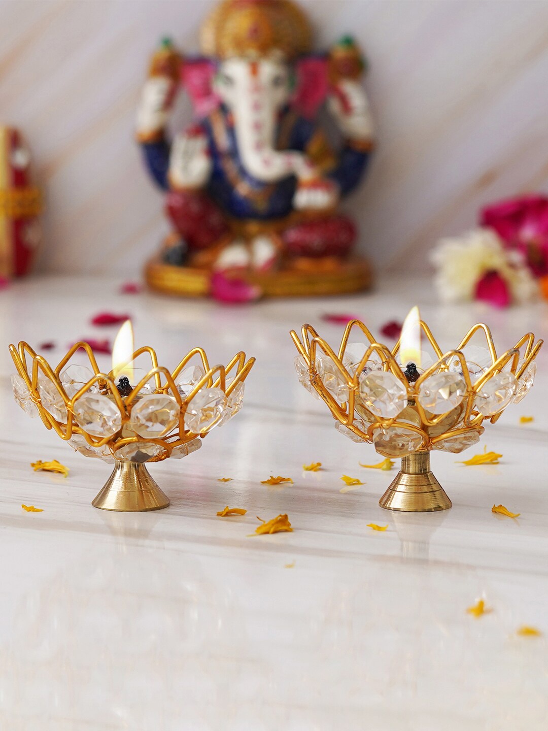 

eCraftIndia Gold-Toned 2 Pieces Crystal Lotus Shape Brass Diyas, White