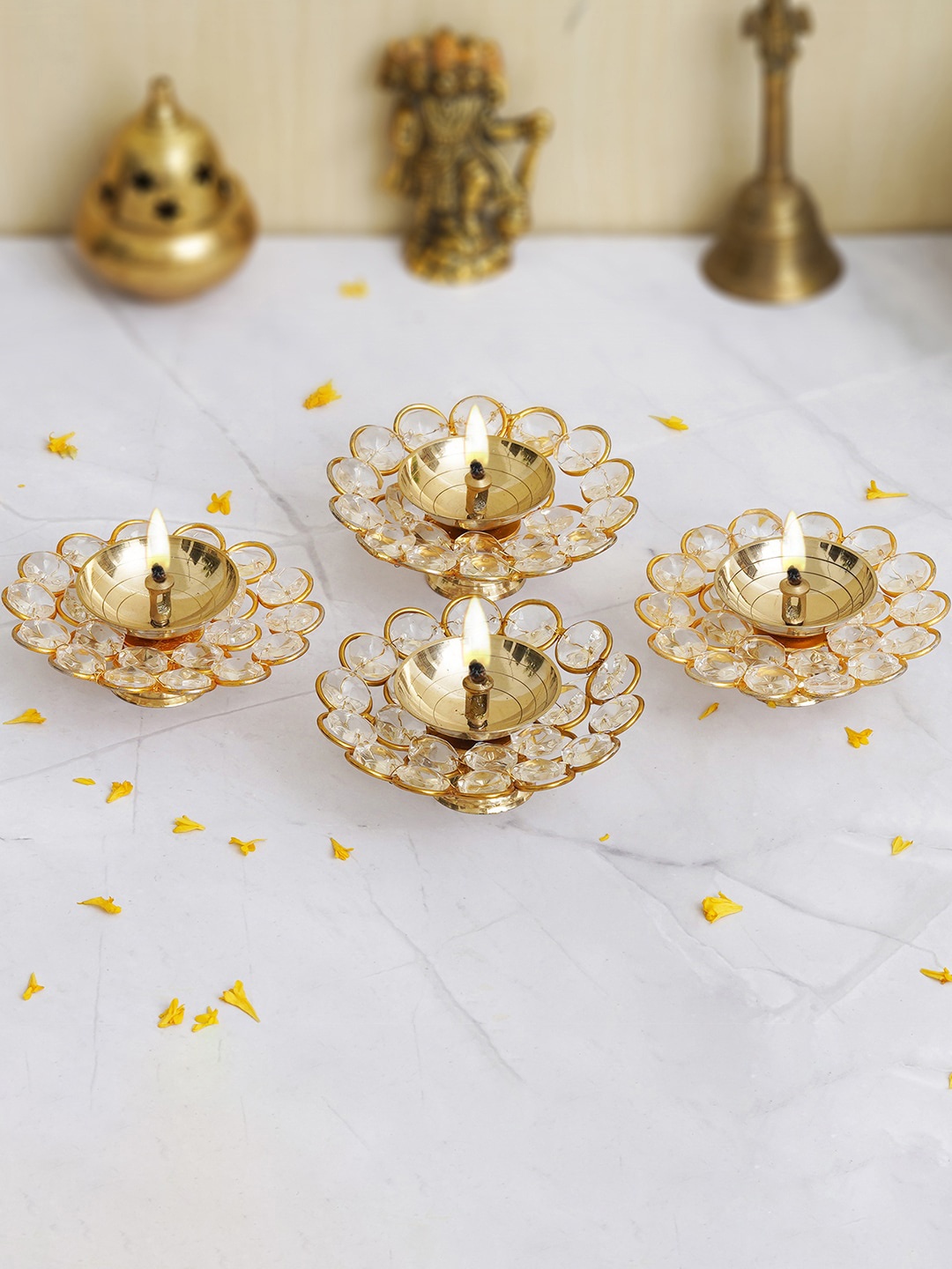 

eCraftIndia Gold-Toned & White 4 Pieces Crystal Small Bowl Shape Brass Diyas