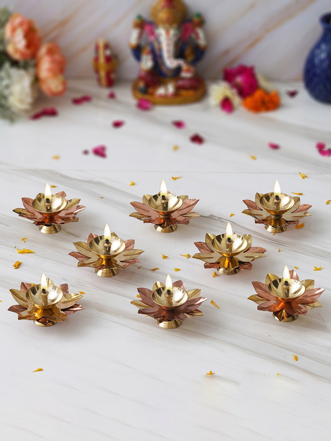 

eCraftIndia Gold-Toned 8 Pieces Lotus Flower Shape Decorative Brass Diyas, Copper