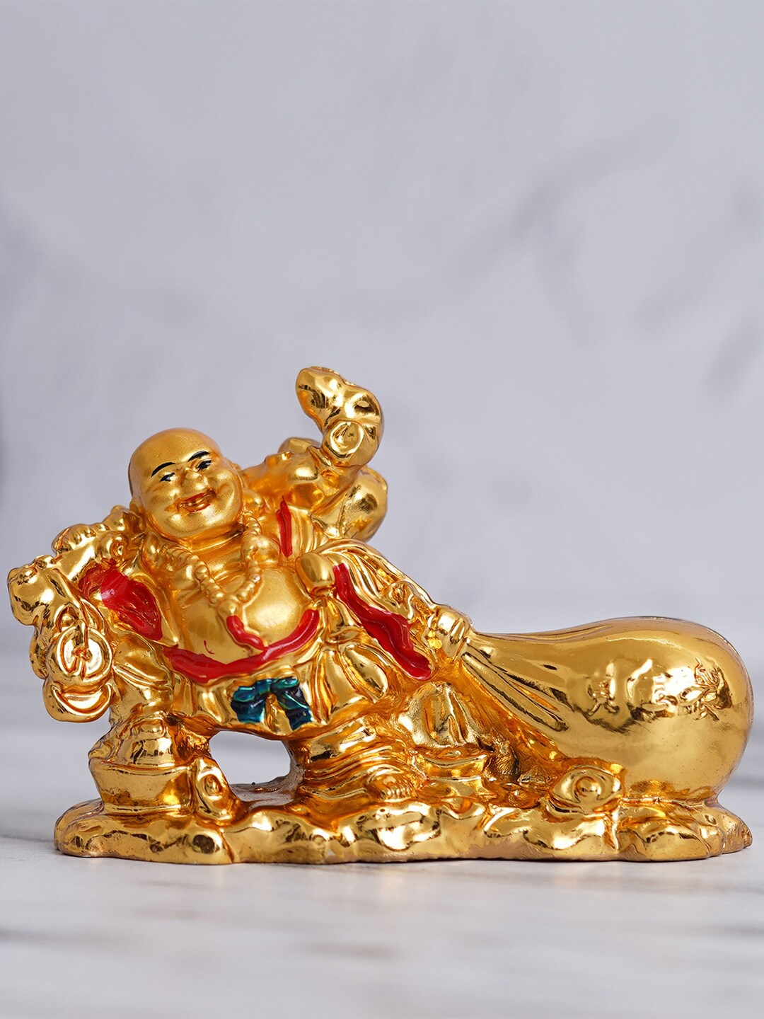 

eCraftIndia Gold Toned Feng Shui Laughing Buddha Statue With Money Bag Showpiece