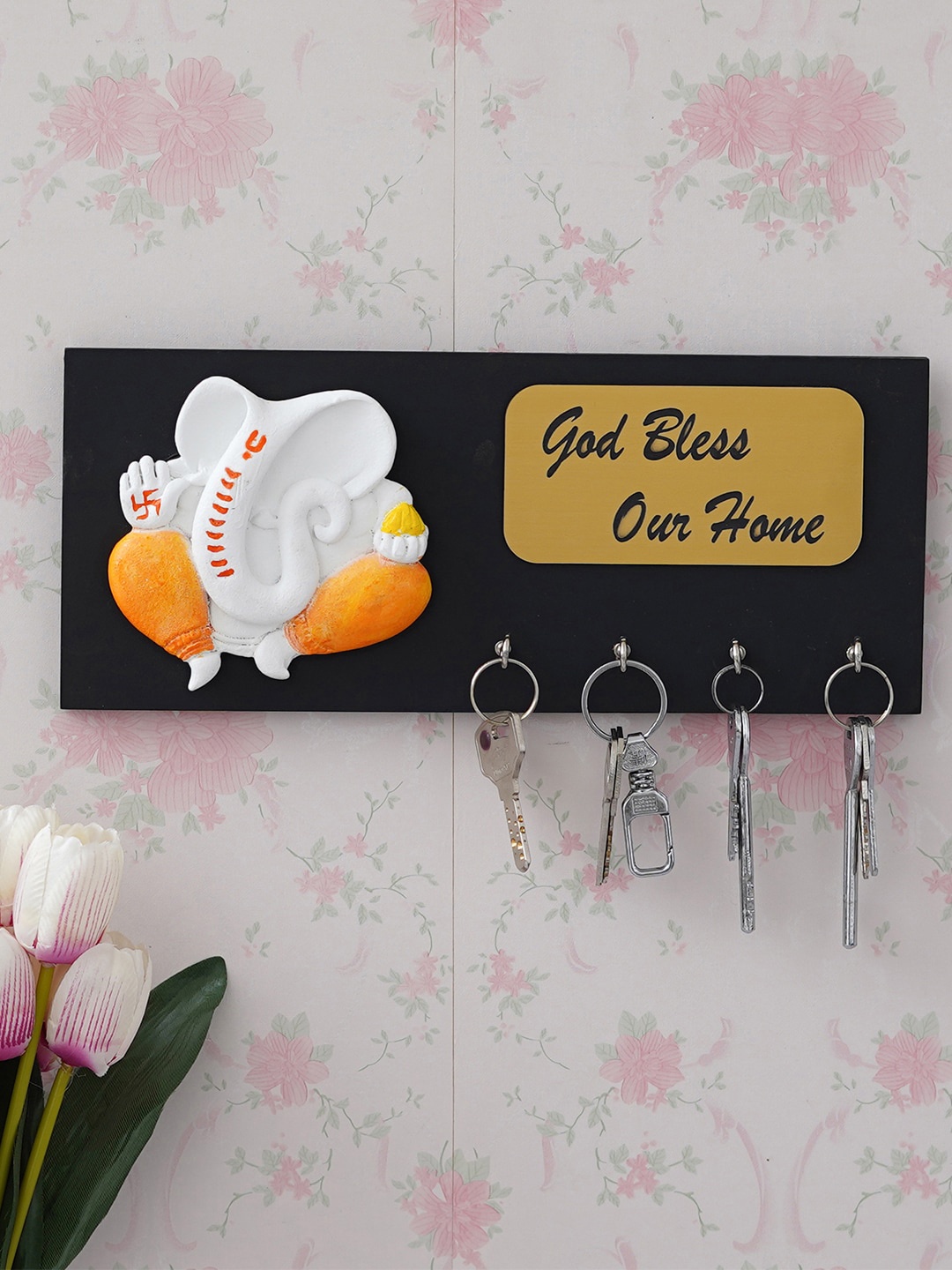 

eCraftIndia Black Lord Ganesha With "God Bless Our Home" Quote 4 Hooks Wooden Key Holder, White