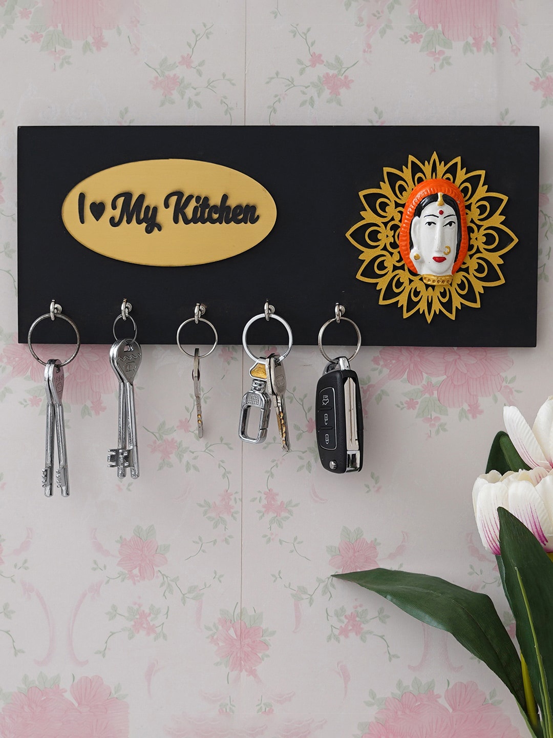 

eCraftIndia Black I Love My Kitchen Quote 5 Hooks Wooden Key Holder