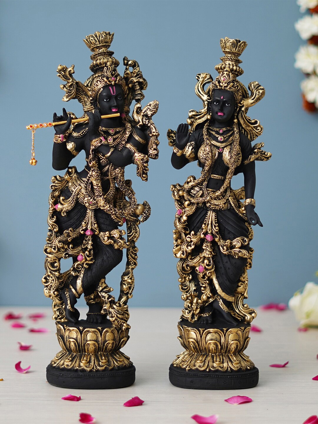 

eCraftIndia Black Goddess Radha & Krishna Playing Flute Idols Showpieces, Gold