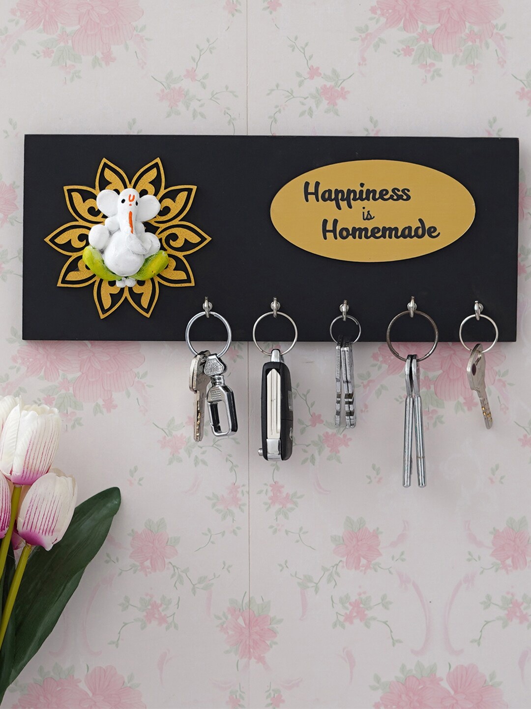 

eCraftIndia Black Lord Ganesha With Happiness Is Homemade Quote 5 Hooks Wooden Key Holder