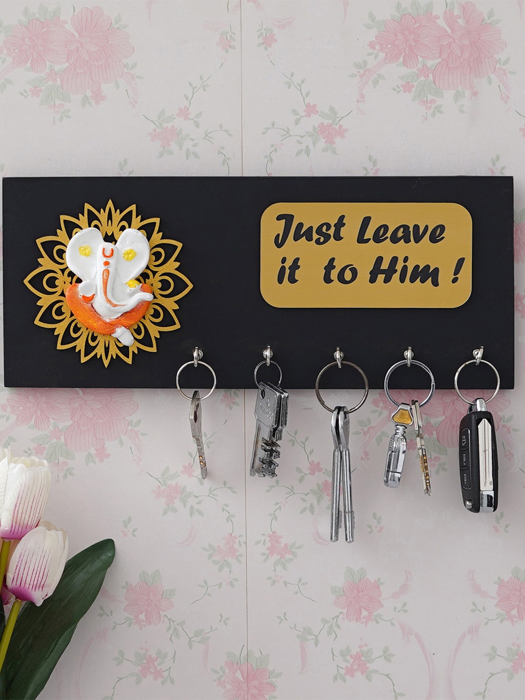 

eCraftIndia Black Lord Ganesha With Just Leave It To Him Quote 5 Hooks Wooden Key Holder