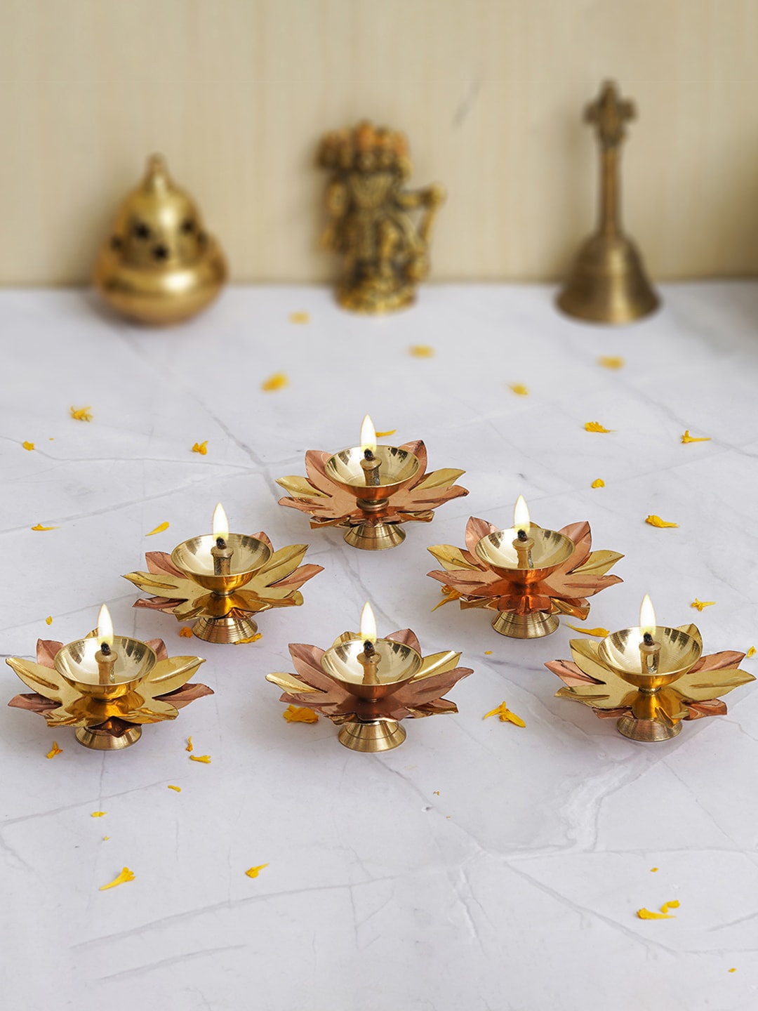 

eCraftIndia 6 Pieces Lotus Flower Shape Decorative Brass Diyas, Gold
