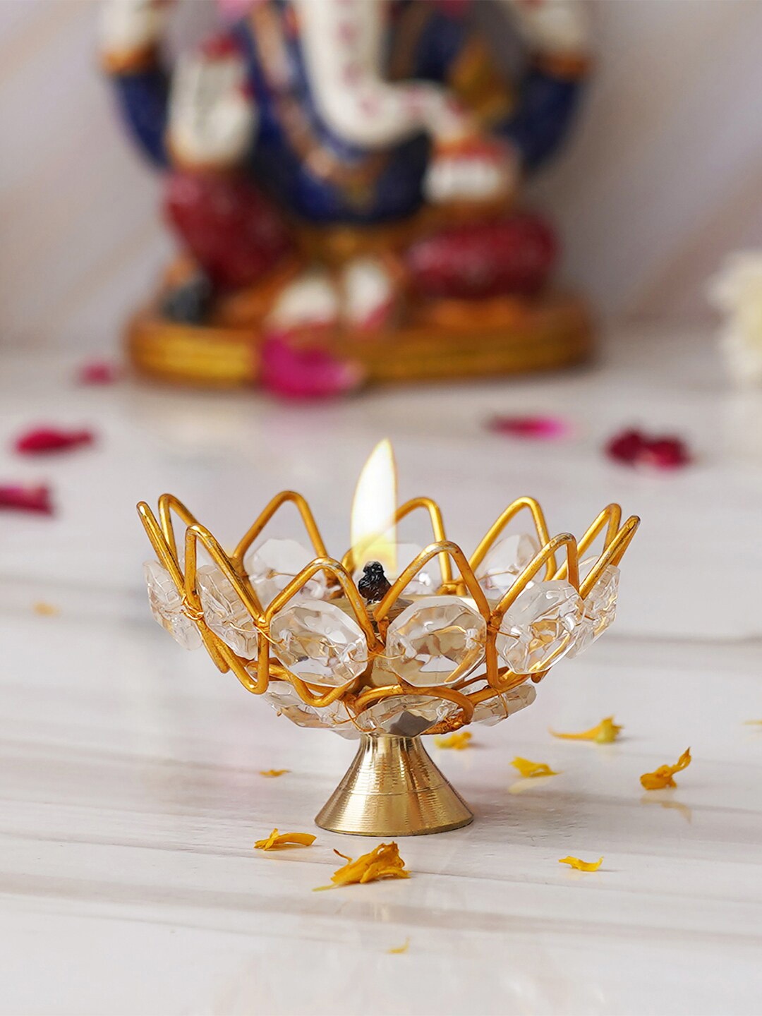 

eCraftIndia Lotus Shape Crystal Diya, White