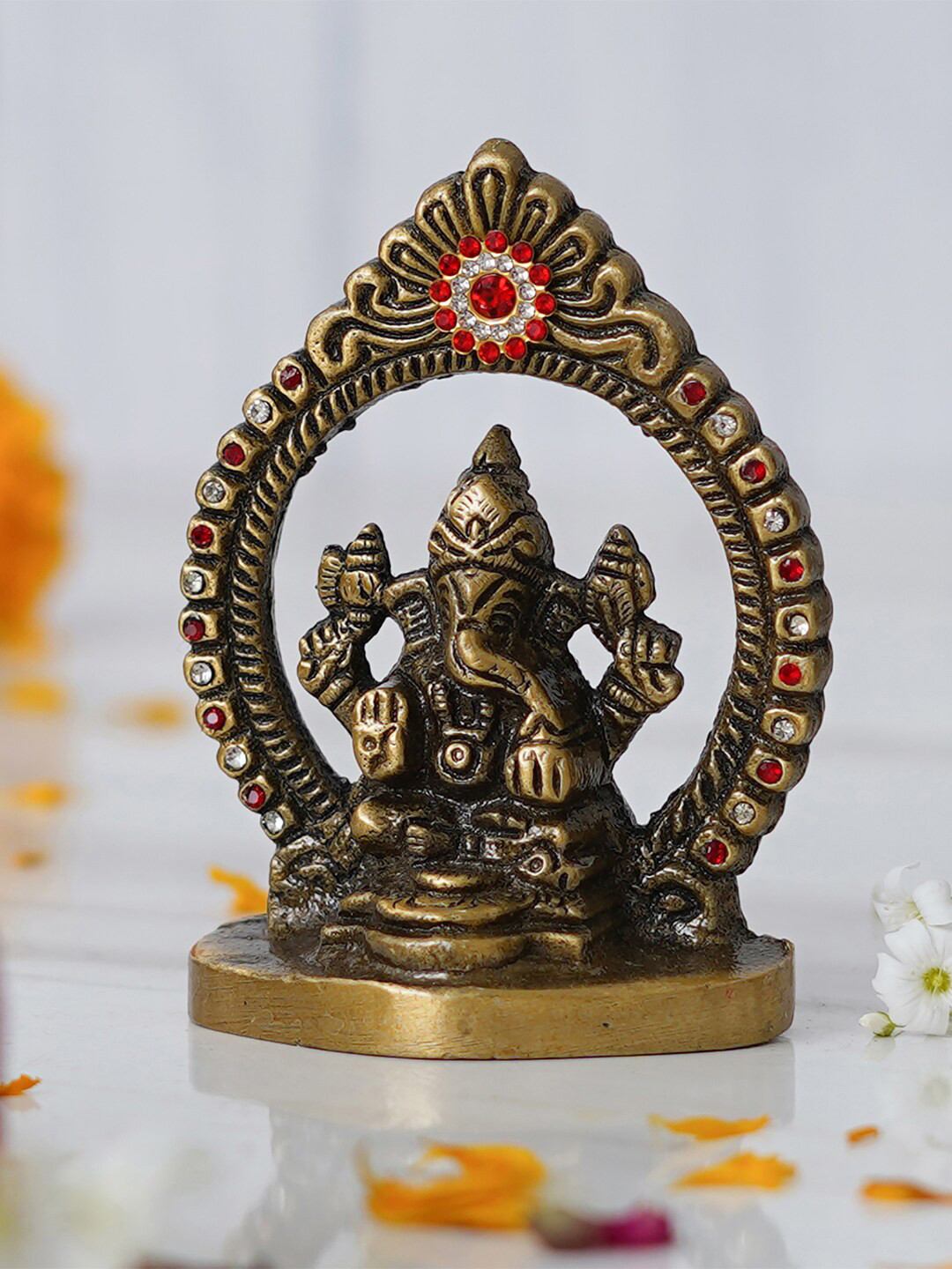 

eCraftIndia Red & Golden Colored Stone Studded Chaturbhuj Lord Ganesha Idol Showpiece, Gold
