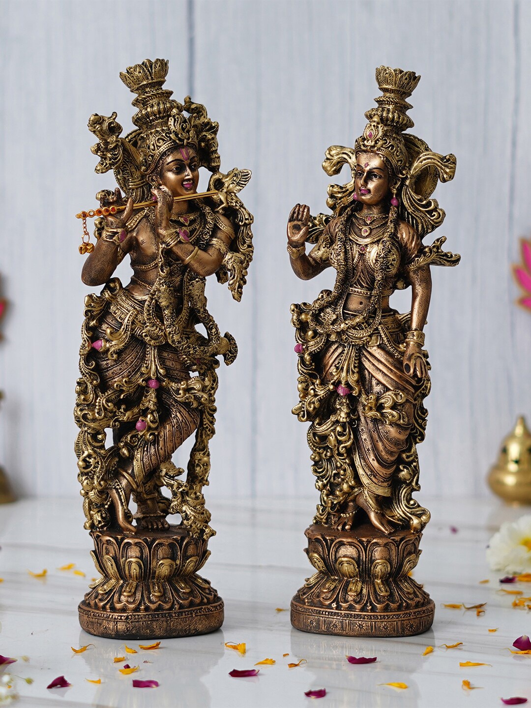 

eCraftIndia 2 Pieces Golden Blessing Goddess Radha Krishna Idol Showpiece, Gold