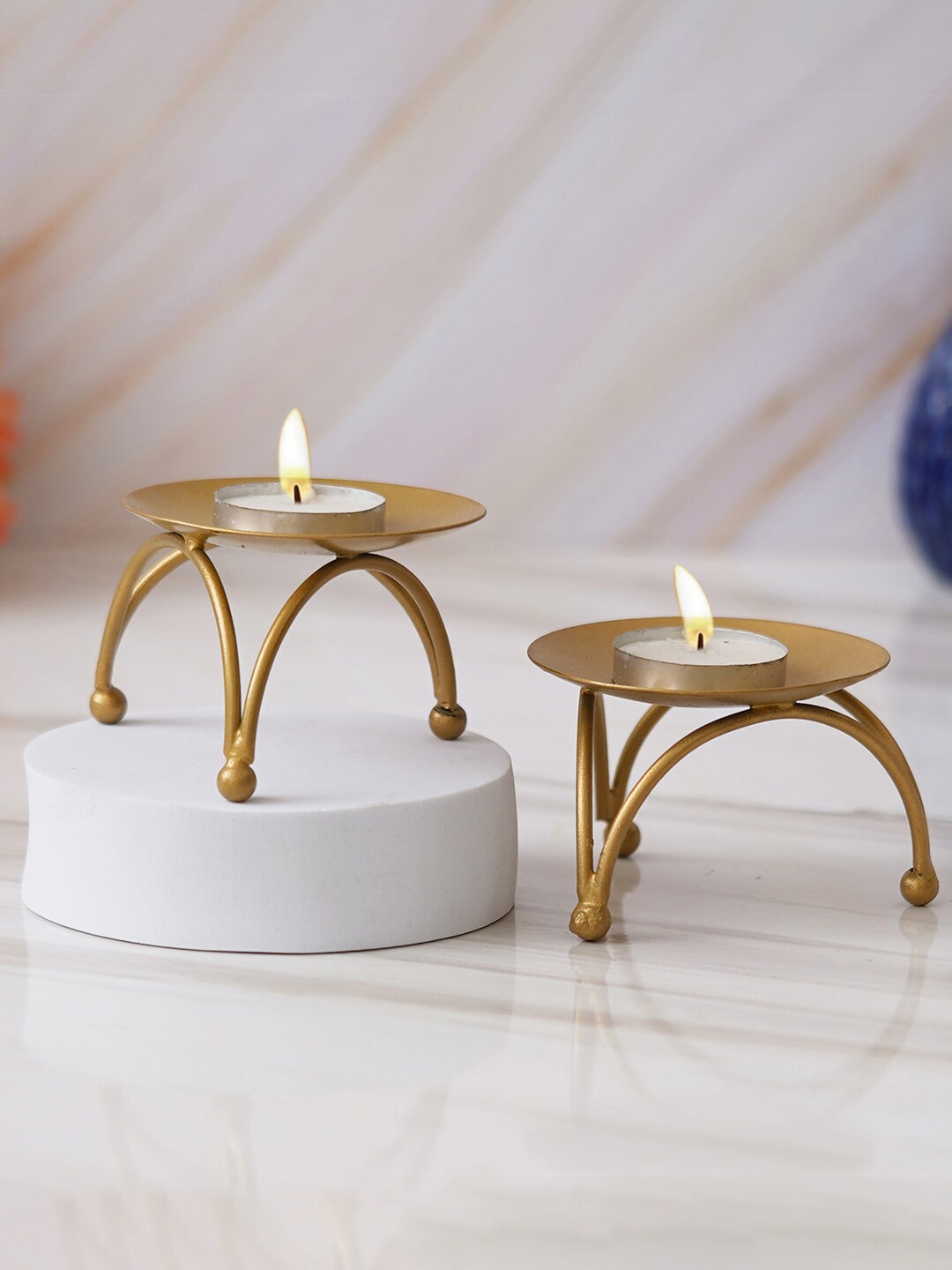 

eCraftIndia 2 Pieces Gold-Toned Decorative Handcrafted Metal Tea Light Candle Holder Stand