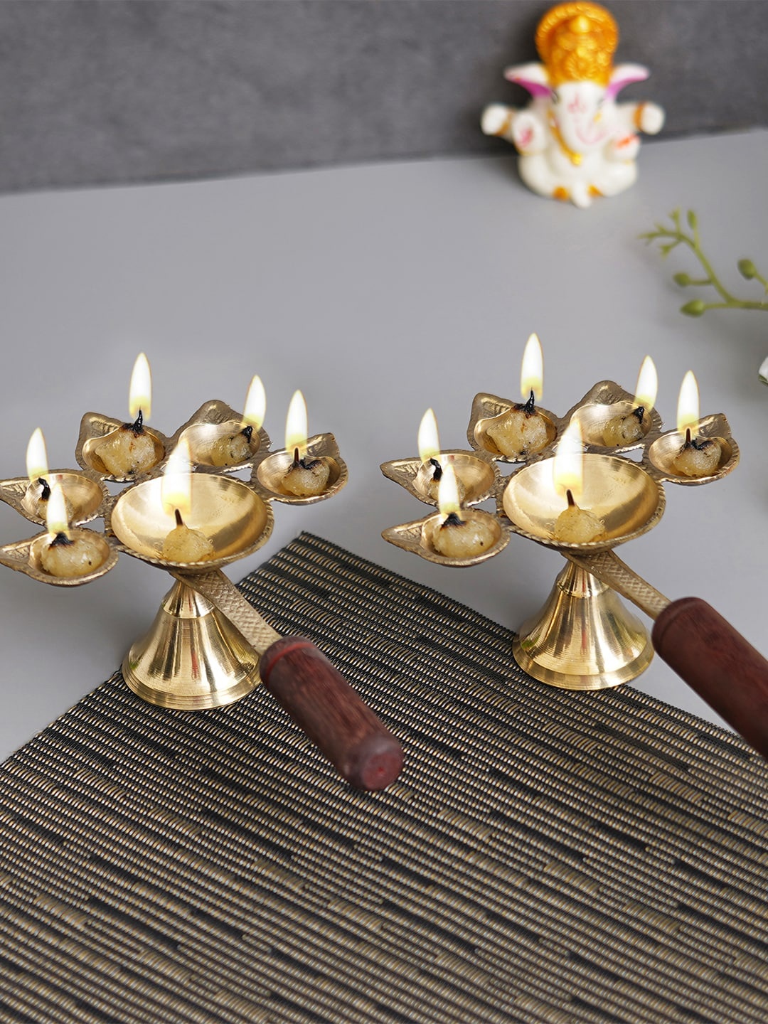 

eCraftIndia Gold Toned 2 Pieces Brass Panchdeep Diyas With Wooden Holder