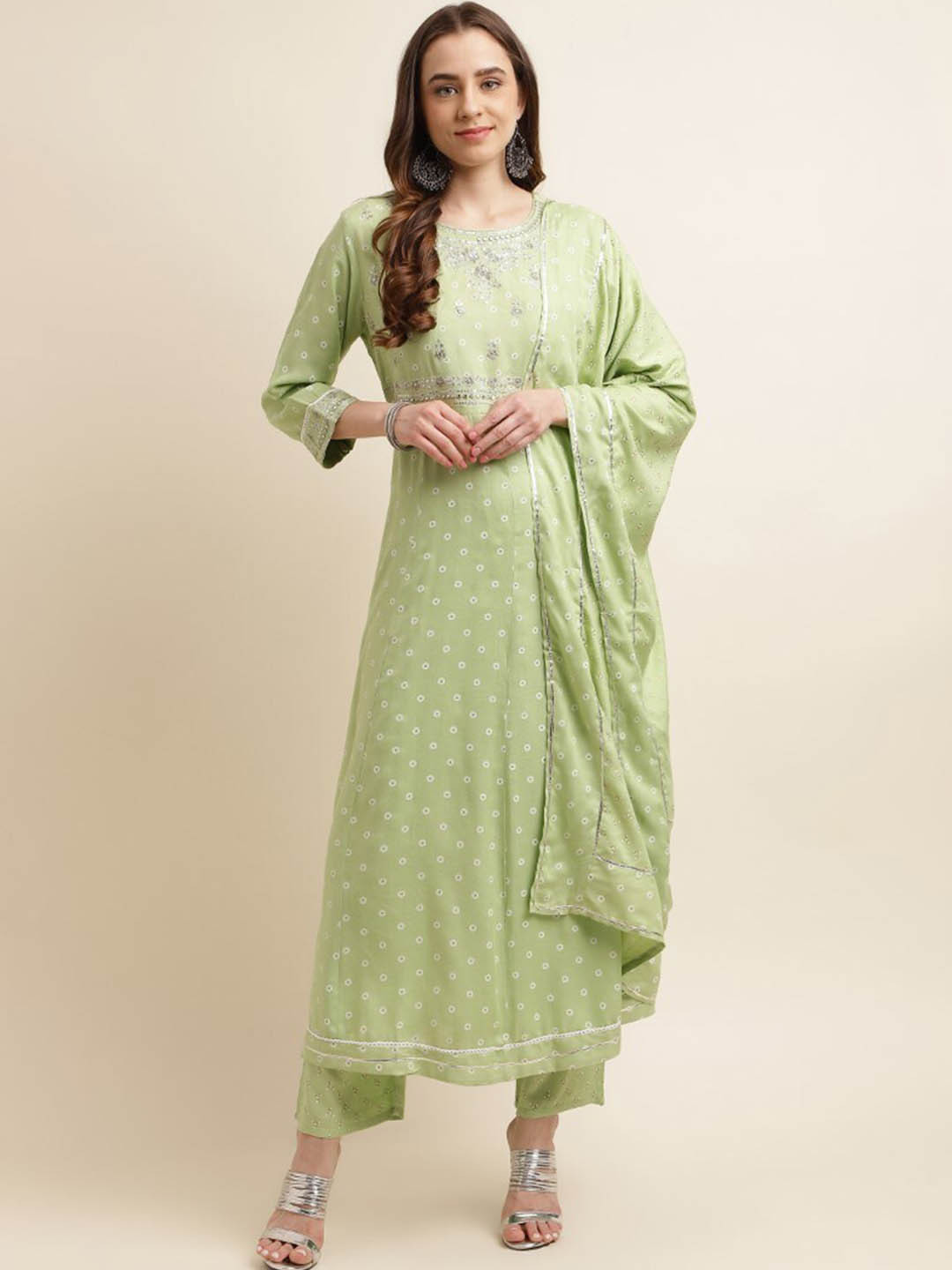 

kasee Geometric Printed Thread Work Regular Kurta With Trousers & Dupatta, Green