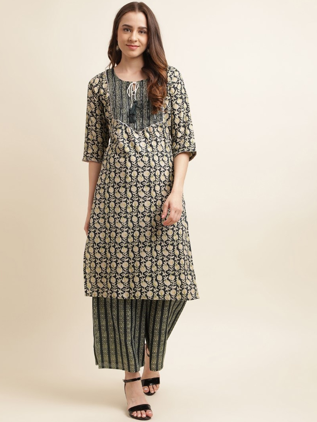 

kasee Women Ethnic Motifs Printed Regular Kurta with Palazzos, Black