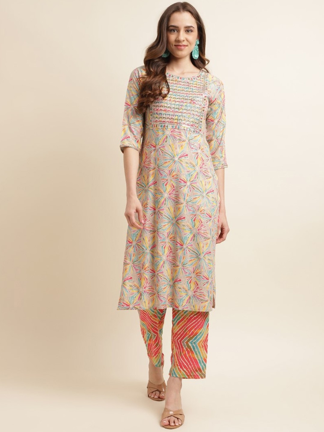 

kasee Abstract Printed Sequined Thread Work Kurta with Trousers, Beige