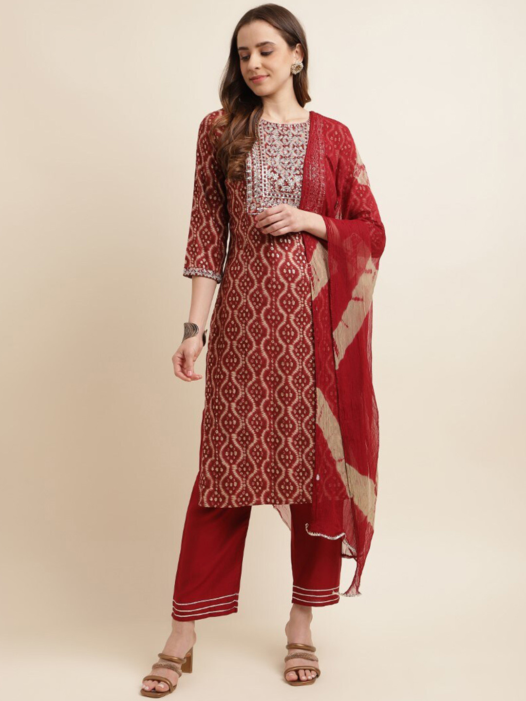 

kasee Ethnic Motifs Printed Regular Sequinned Kurta With Trousers & Dupatta, Maroon