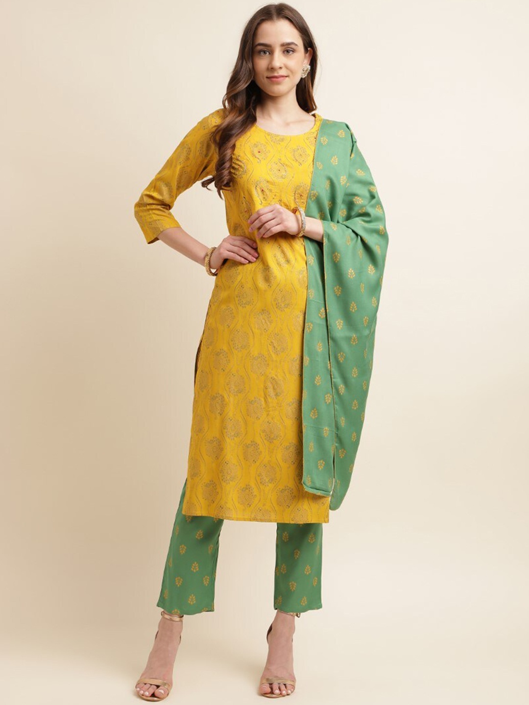 

kasee Ethnic Motifs Printed Regular Kurta With Trousers & Dupatta, Yellow