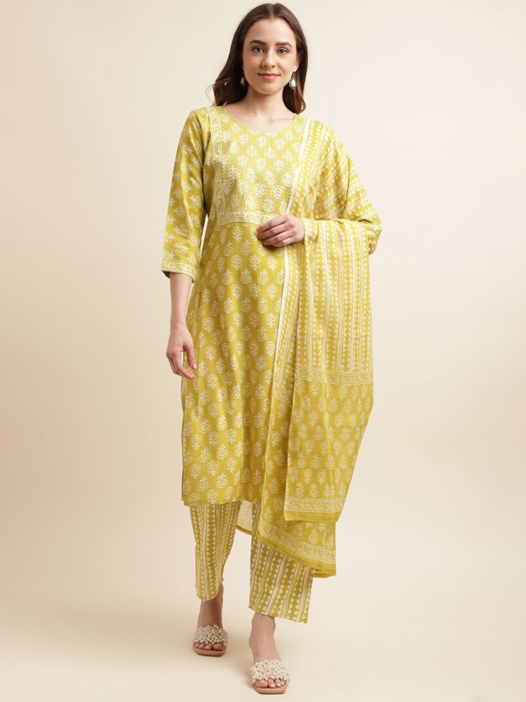 

kasee Ethnic Motifs Printed Kurta with Trousers & With Dupatta, Yellow