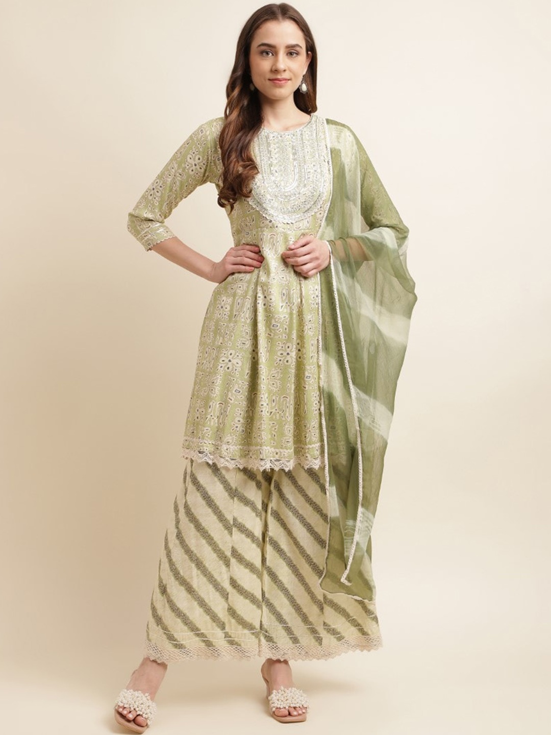 

kasee Ethnic Motifs Embroidered Sequined Kurta with Sharara & Dupatta, Green