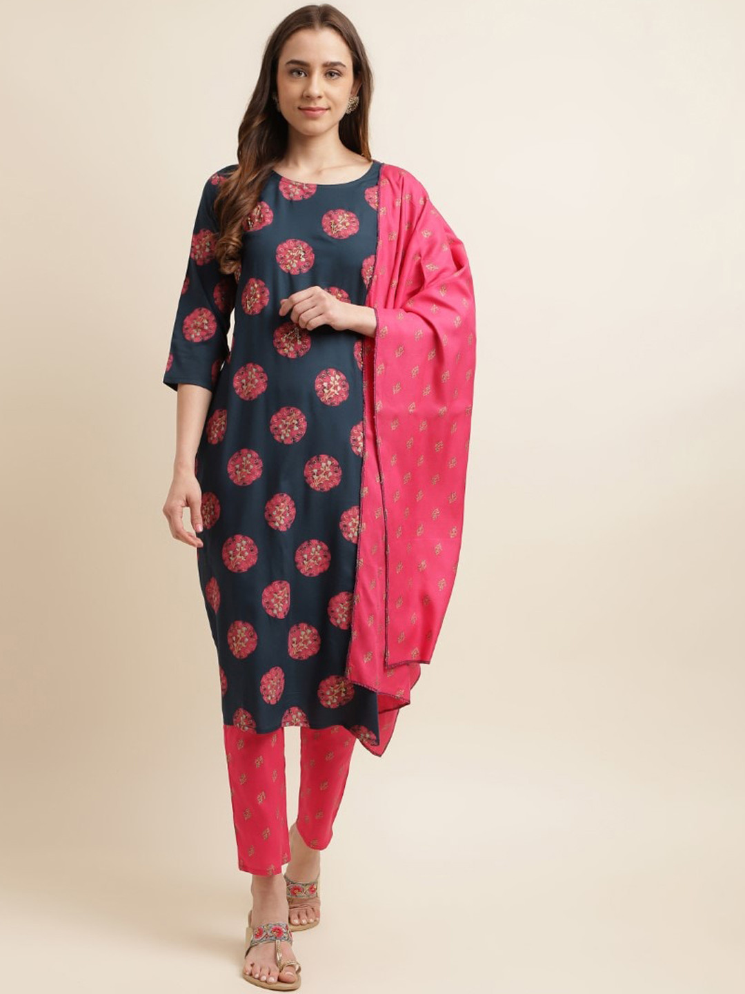 

kasee Women Ethnic Motifs Printed Regular Kurta with Trousers & Dupatta, Navy blue
