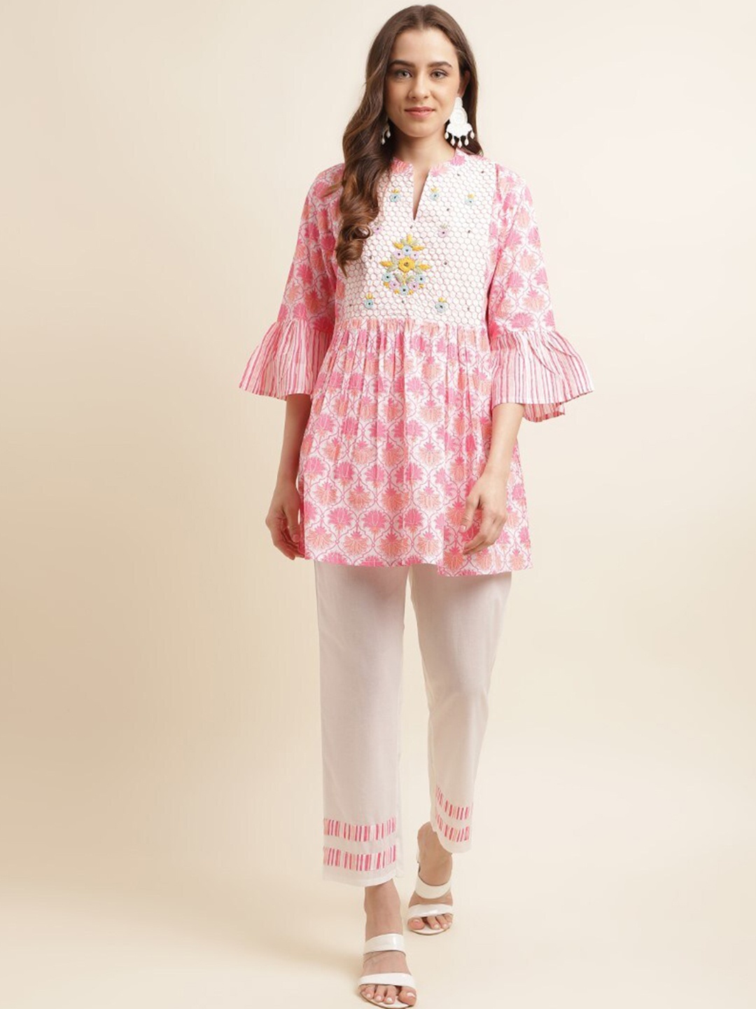 

kasee Women Ethnic Motifs Printed Pleated A-Line Kurta With Trousers, Pink