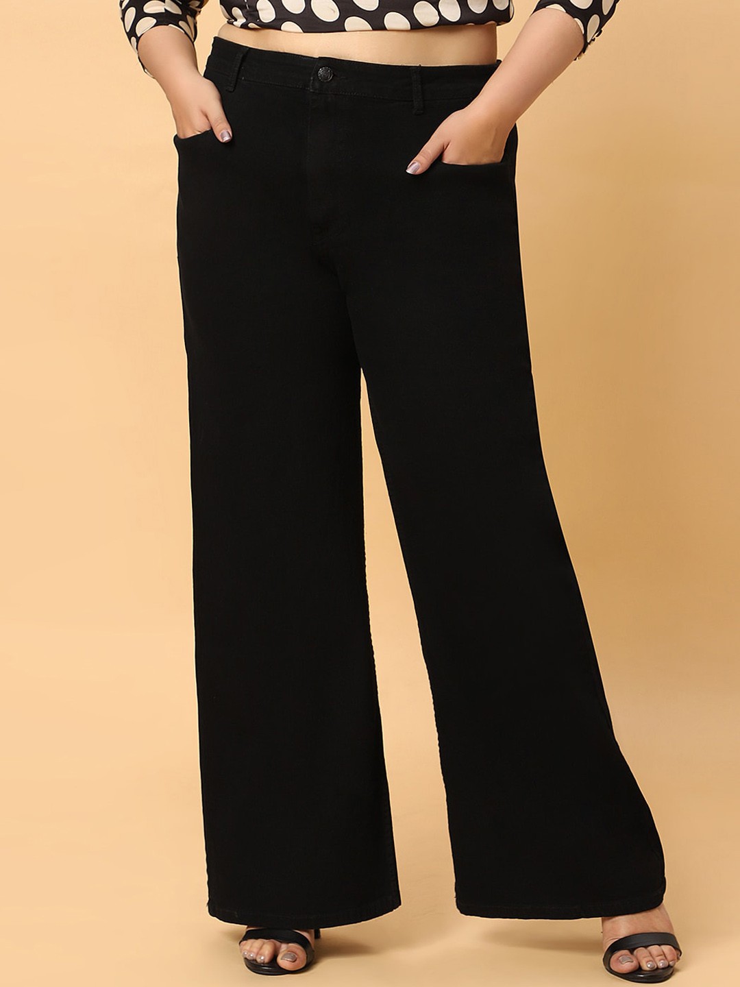 

HJ HASASI Women Wide Leg High-Rise Stretchable Jeans, Black