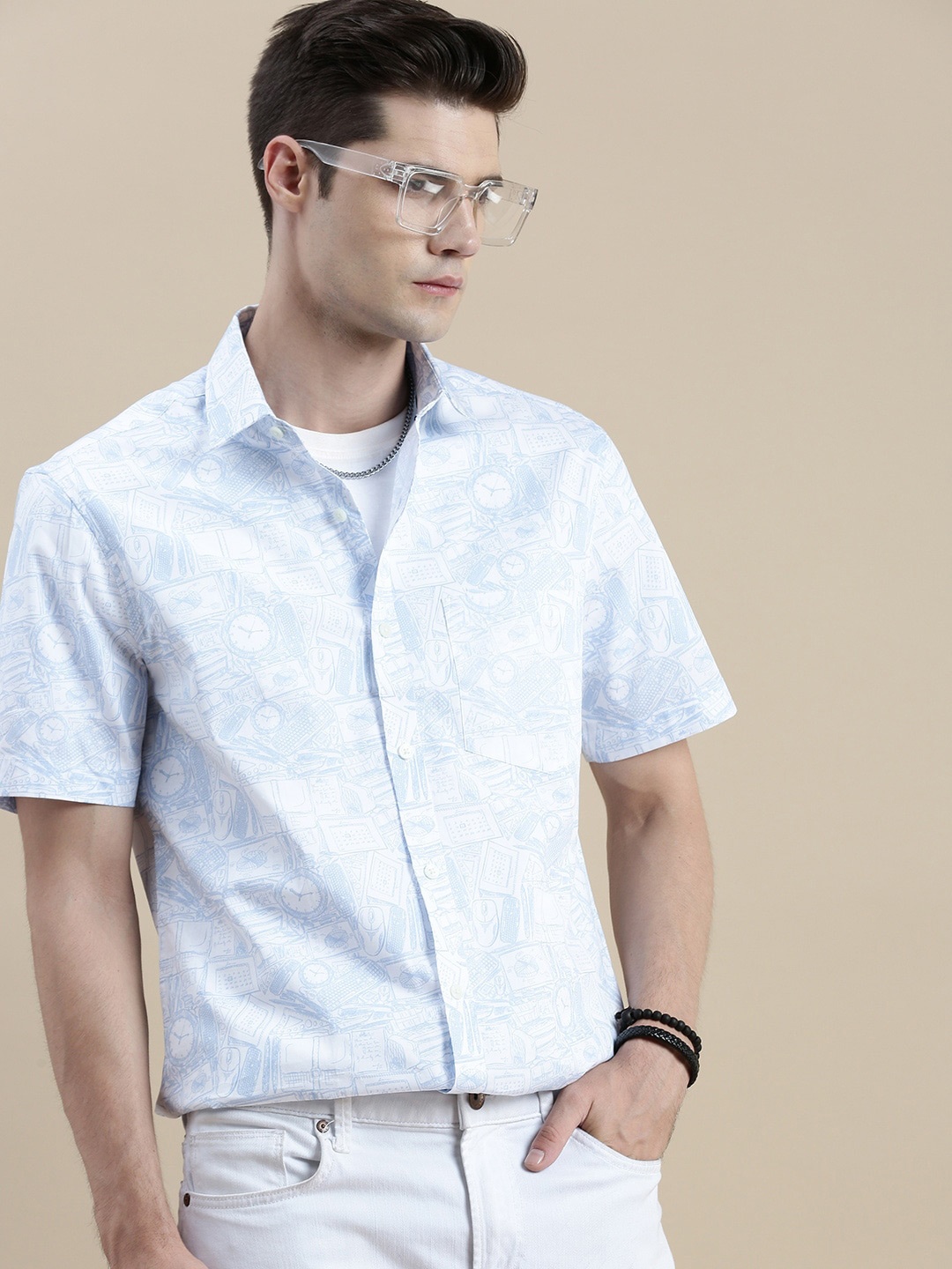 

INVICTUS Conversational Printed Comfort Slim Fit Opaque Cotton Shirt, White