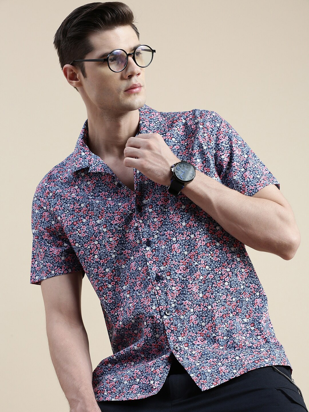 

INVICTUS Comfort Slim Fit Floral Printed Cotton Casual Shirt, Navy blue
