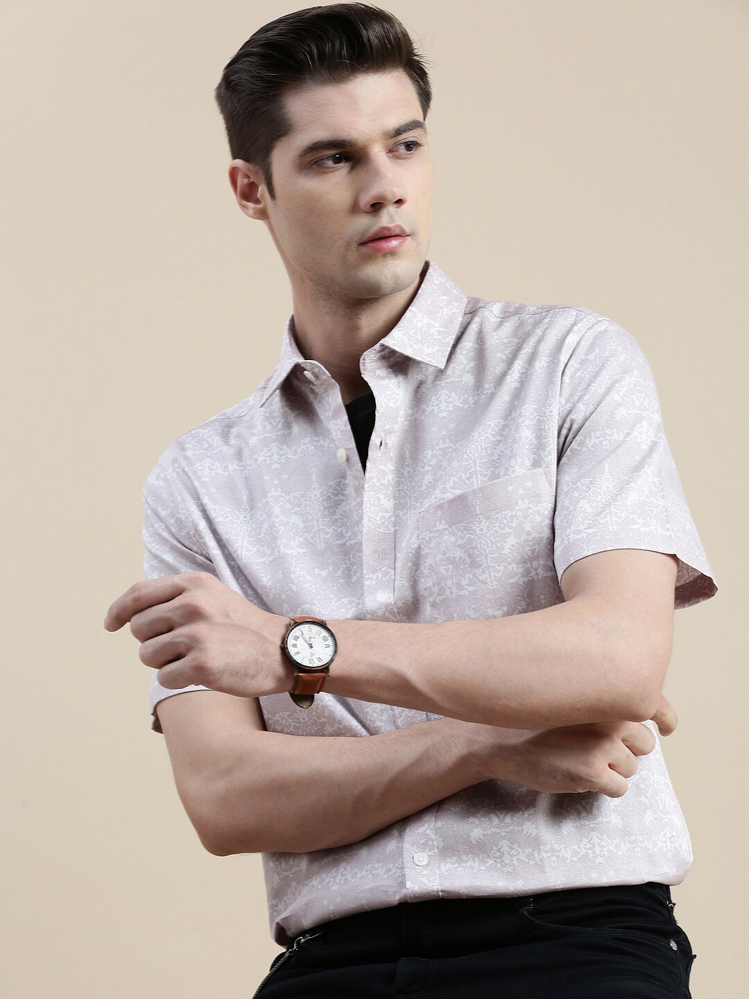 

INVICTUS Comfort Slim Fit Opaque Printed Cotton Formal Shirt, Mauve