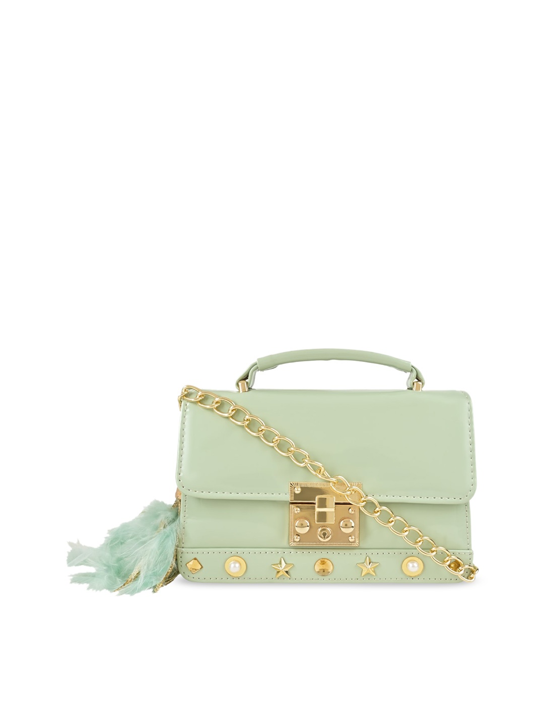 

Vdesi Embellished PU Structured Buckle Detail Satchel, Green