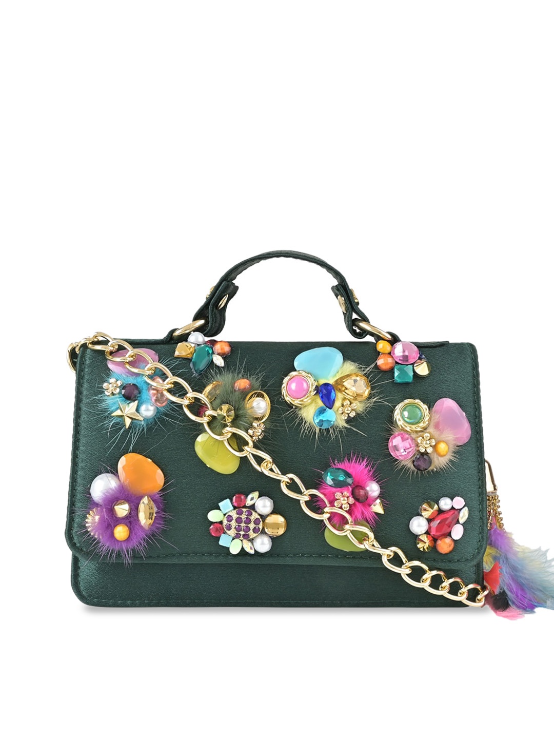 

Vdesi Floral Embellished Structured Handheld Bag, Green