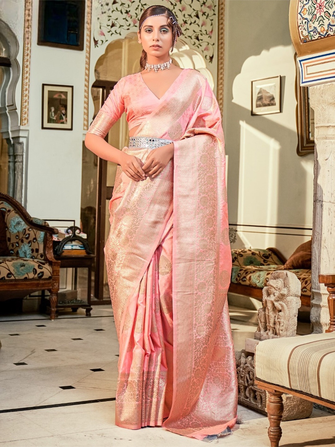 

Mitera Peach-Coloured & Gold-Toned Ethnic Motifs Woven Design Zari Banarasi Saree