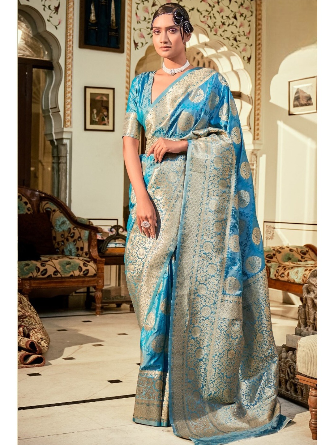 

Mitera Blue & Gold-Toned Ethnic Motifs Woven Design Zari Banarasi Saree