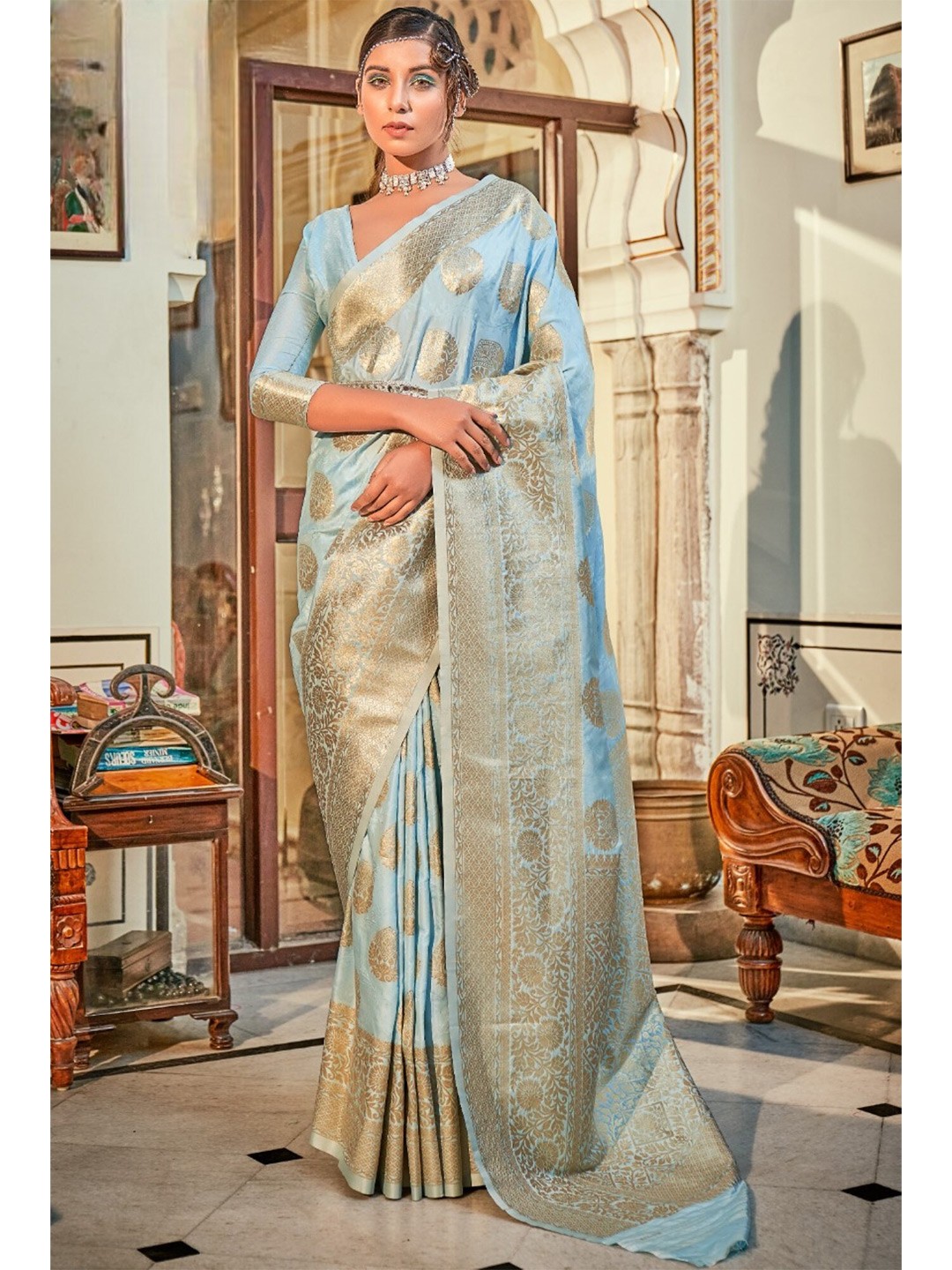 

Mitera Blue & Gold-Toned Ethnic Motifs Woven Design Zari Banarasi Saree