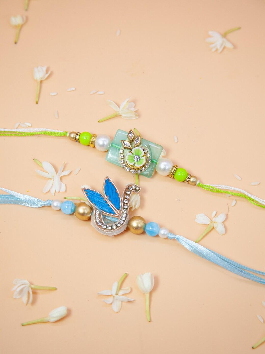 

Fida Designer Set of 2 Handmade Pearl Rakhi with Roli Chawal, Green