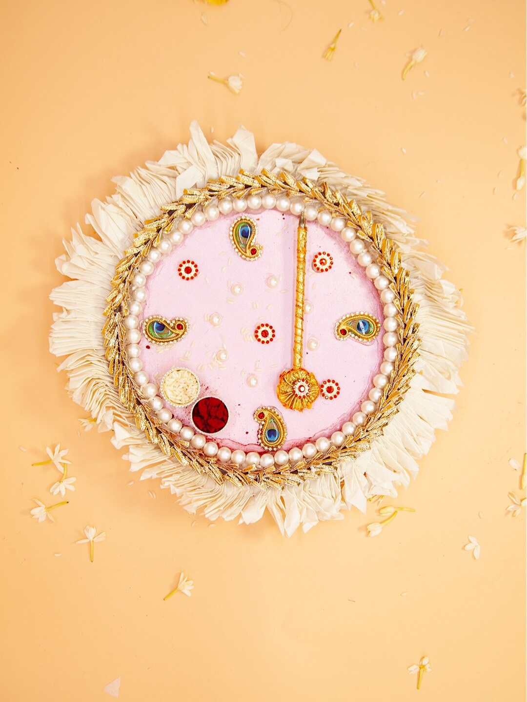 

Fida Aritificial Stone & Pearl Studded Handmade Rakhi Thali With Roli Chawal, Pink