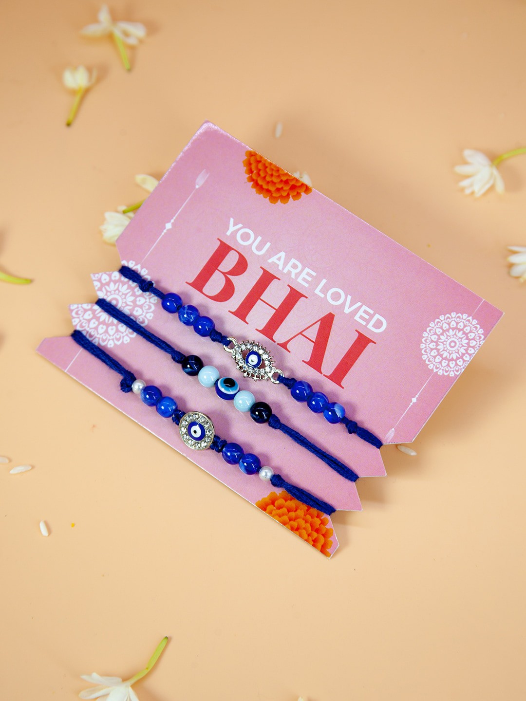 

Fida Set of 3 Handmade Blue Evil Eye Bhaiya Bhabhi Rakhi Lumba Rakhi with Roli Chawal