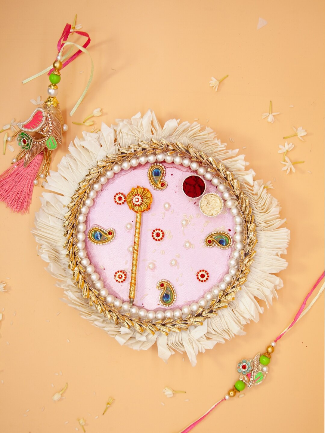 

Fida Rakhi Thali & Lumba Rakhi with Roli Chawal & Kum Kum Tikka Stick, Pink