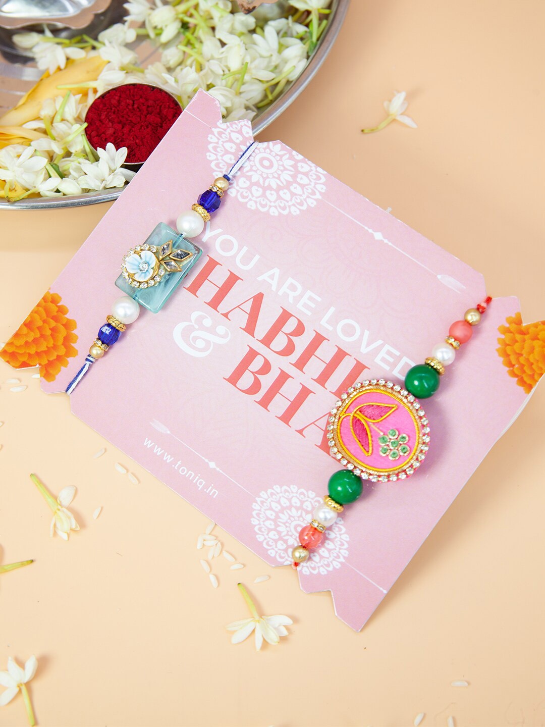 

Fida Floral Pearl with Stone Studded Handmade Bhaiya Bhabhi Rakhi, Blue
