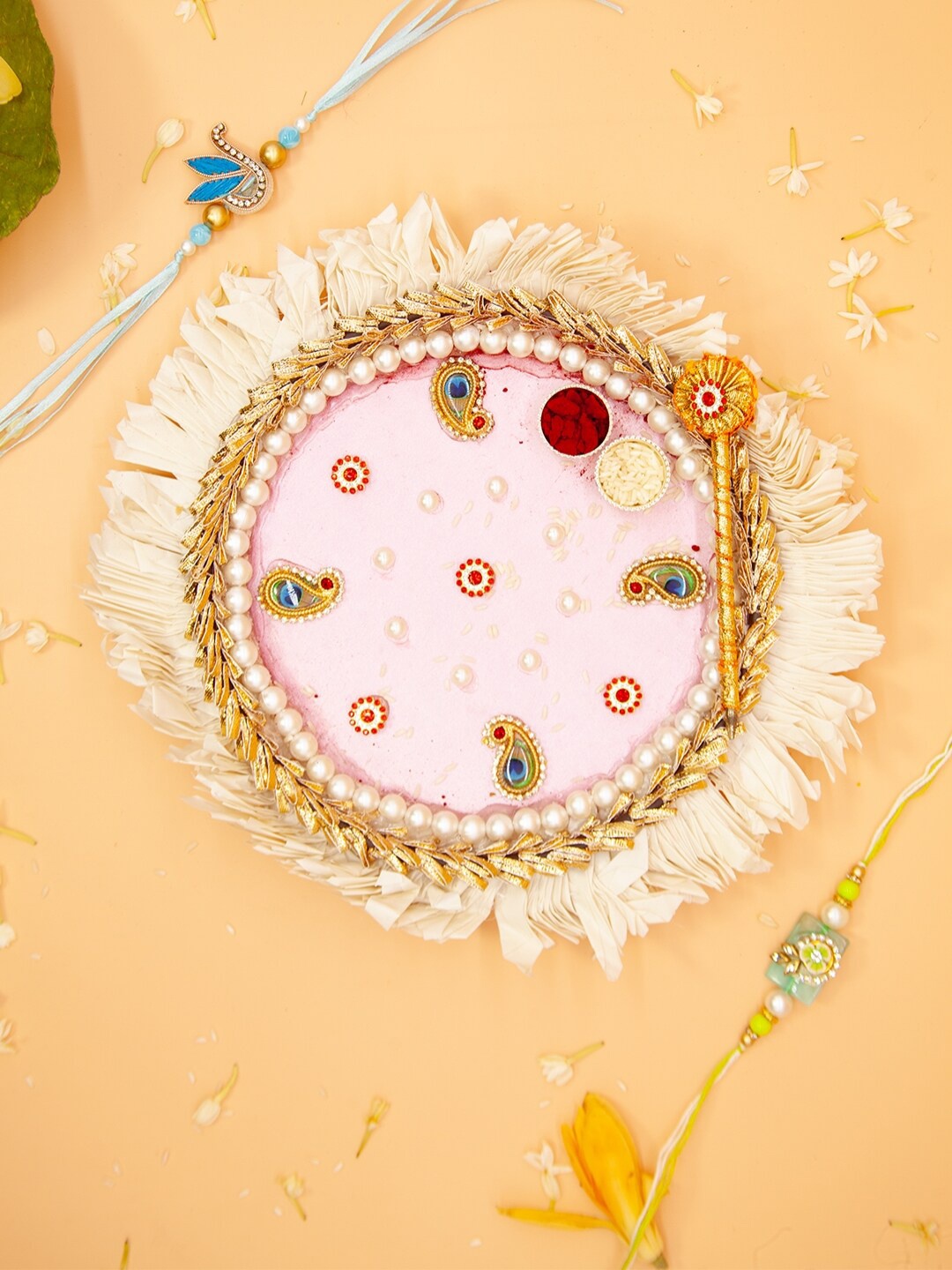 

Fida Handmade Rakhi Thali With Roli Chawal & Kum Kum Tikka Stick, Pink